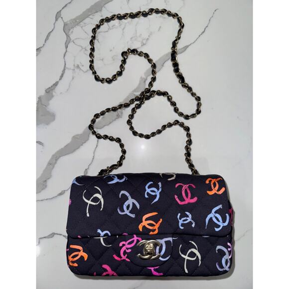 Chanel 24S Navy Blue Printed Logo Mini Flap Rectangle CC Shoulder Crossbody Bag - Picture 2 of 16